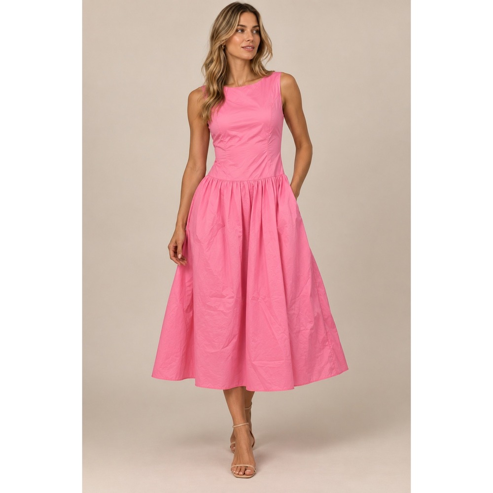 Karl Lagerfeld Paris Women Dress 18 Pink Cotton Poplin Sleeveless Midi Pockets